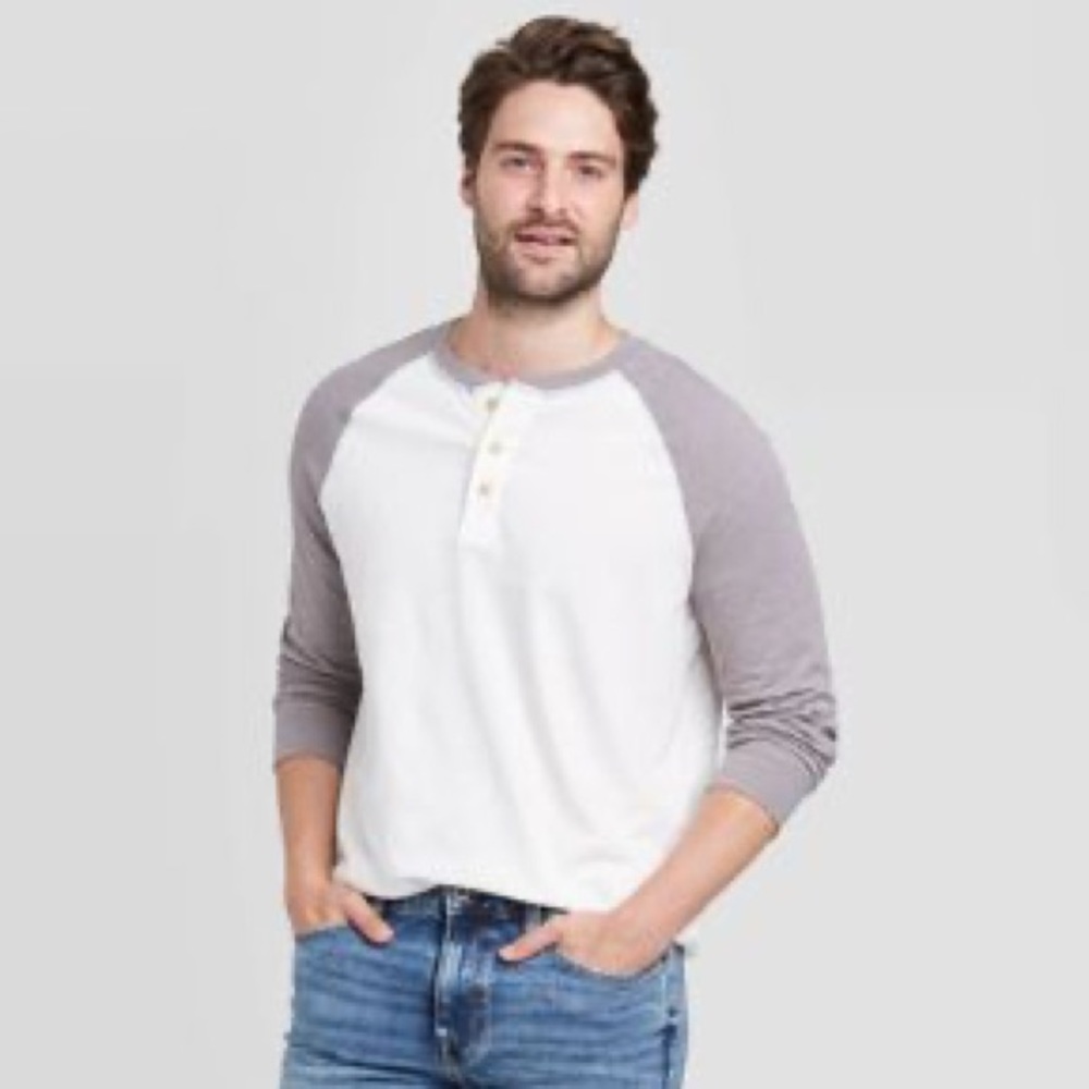 Goodfellow - Men’s Gray & White Raglan Sleeve Henley Shirt